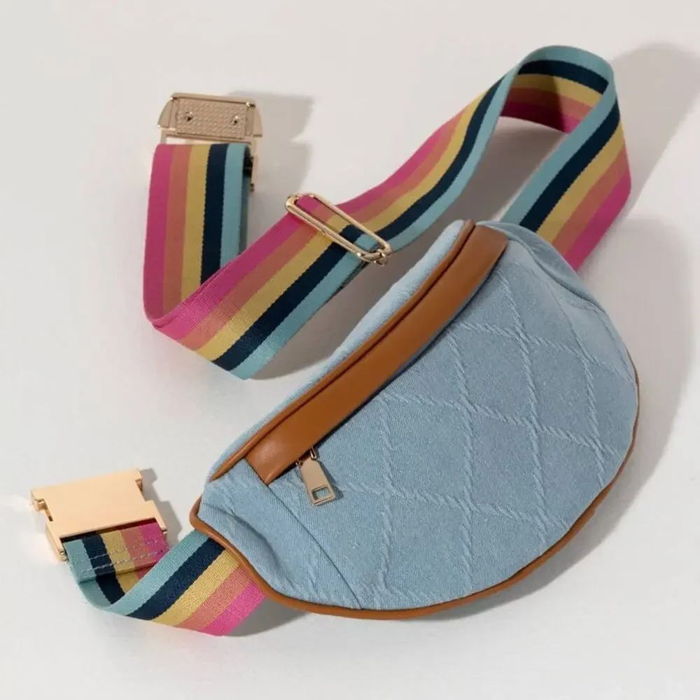 Shiraleah NWT Ali Denim Belt Bag Rainbow Strap Crossbody Fanny